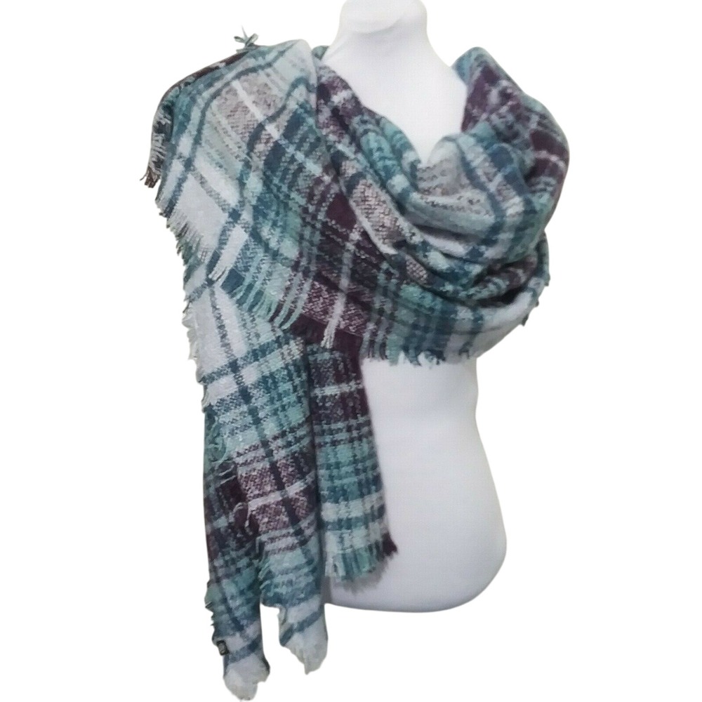 Treasure & Bond Nordstrom Blanket Wrap Scarf Blue Combo Plaid Frayed Fringe NEW